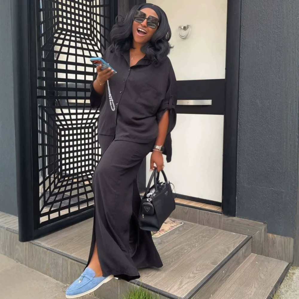 ZARA Chic African Oversized Plus Size Solid Shirt and Split Wide Leg Pants Set